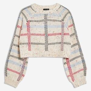 Topshop Cream Plaid Cropped Knit Sweater with Multicolor Accents